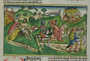 Faksimilekopi av Job: Frontispice, Job blir skjelt ut av sin kone, huset og familien hans ødelagt av en orkan og husdyrene hans stjålet, fra Nürnbergbibelen (Biblia Sacra Germanaica) (farget av German School