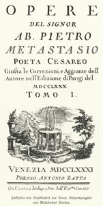 Faksimile av tittelsiden til en venetiansk utgave av de samlede verkene til den italienske poeten og librettisten Pietro Metastasio (litho) av German School