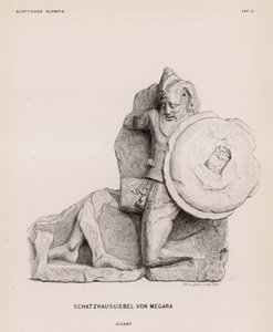 Figur av en gigant fra pedimentet til statskassen i Megara, Olympia, Hellas (gravering) av German School