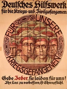 Første verdenskrig-plakat som oppfordrer tyskere til å gi penger for å hjelpe tyske krigsfanger (farge litho) av German School