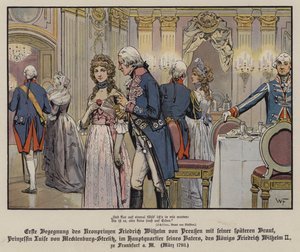 Første møte med kronprins Frederick William av Preussen og hans fremtidige brud, prinsesse Louise av Mecklenburg-Strelitz ved hovedkvarteret til hans far, kong Frederick William II, i Frankfurt av German School