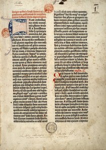 Første side av Bibelen på latin (vulgata) av Gutenberg utarbeidet i Mainz 1452 - 1454. Begynnelsen på epitre av Saint Hieronymus til presten Paulin som omhandler alle bøkene i Den hellige skrift. av German School