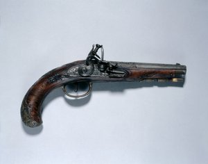 Flintlock Pistol, tønnemaker Johann Andreas Kuchenreuter (1716-1795), ca. 1750 (stål, valnøttstokk, messingfester, løp innlagt med gull, messing og sølv) av German School
