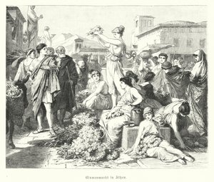 Blomstermarked i Athen, antikkens Hellas (gravering) av German School