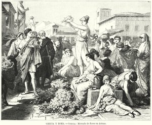Blomstermarked i Athen, antikkens Hellas (litho) av German School
