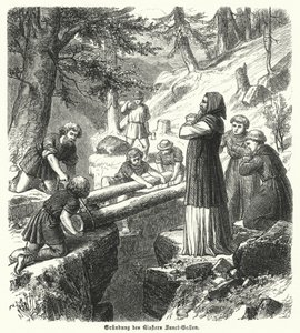 Stiftelsen av Abbey of St Gall, Sveits, 8. århundre (gravering) av German School