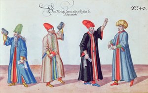 Fire jødiske leger fra Adrianople, Tyrkia, ca. 1600 (wc på papir) av German School