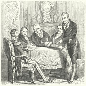 Frederick William III av Preussen i diskusjoner med sin statsminister, Karl August von Hardenberg og Klemens von Metternich, den østerrikske utenriksministeren (gravering) av German School