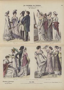 Franske og tyske kostymer, tidlig på 1800-tallet (farget gravering) av German School