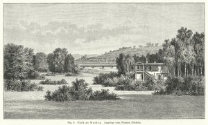 Hagedesign: Muskau Park, Tyskland, anlagt av prins Hermann von Pueckler-Muskau (gravering) av German School