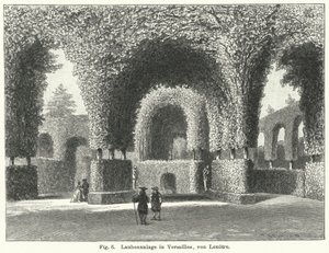 Hagedesign: arbours i hagene i Versailles, Frankrike, anlagt av Andre le Notre på 1600-tallet (gravering) av German School