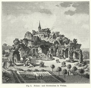 Hagedesign: grottefjell i hagen til grev Johann von Fries, Voslau, Østerrike (gravering) av German School