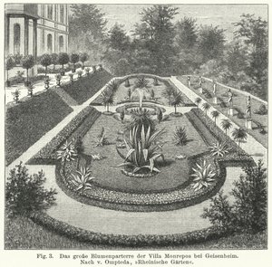Hagedesign: stor parterre ved Monrepos, eiendom til bankmann og amatørastronom Heinrich Eduard von Lade, Geisenheim, Tyskland (gravering) av German School