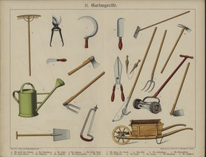 Hageredskaper (farge litho) av German School