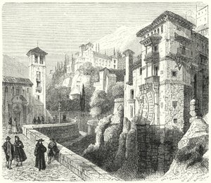 Generalife, sommerpalasset til Nasrid-herskerne i Emiratet Granada, Spania (gravering) av German School