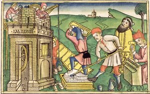 1. Mosebok 11 1-9 Bygge Babelstårnet, fra Nürnbergbibelen (Biblia Sacra Germanaica) (farget tresnitt) av German School