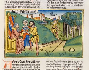 1. Mosebok 27 6-29 Jakob får Isaks velsignelse, fra Nürnbergbibelen (Biblia Sacra Germanaica) (farget tresnitt)