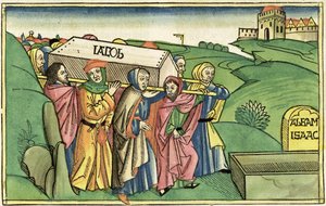 1. Mosebok 49:28-33 Begravelsen av Jakob, fra Nürnberg-bibelen (Biblia Sacra Germanaica) (farget tresnitt) av German School