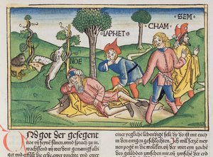 1. Mosebok 9 20-27 Noah dekket med en kappe av sønnene Sem, Ham og Japeth, fra Nürnbergbibelen (Biblia Sacra Germanaica) (farget tresnitt)