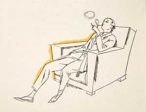 Gentleman som blåser røykringer, fra Styl, utgivelsesdato 1922 (pochoir-trykk) av German School