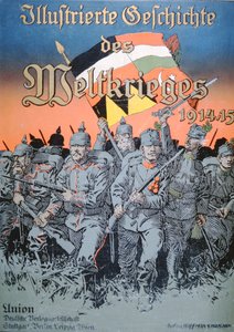 Tyske og østerriksk-ungarske tropper rykker frem skulder-til-skulder, omslag til Illustrated Book of the World War 1914-15 av German School