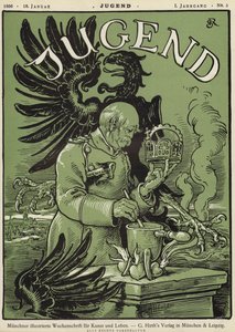 Den tyske forbundskansleren Otto von Bismarck holder kronen av Det hellige romerske rike (farge litho) av German School