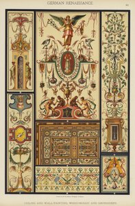 Tysk renessanse, tak- og veggmaling, tre-mosaikk og broderi (farge litho) av German School