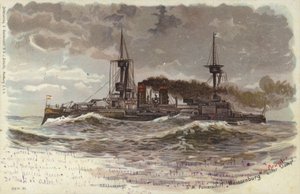 Tysk slagskip SMS Weissenburg, sent på 1800- eller tidlig på 1900-tallet (farge litho) av German School