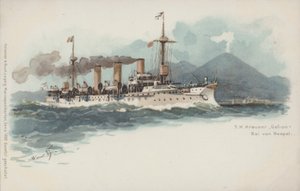 Den tyske krysseren Gefion i Napolibukta, Italia (chromolitho) av German School