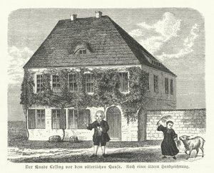 Den tyske filosofen og dramatikeren Gotthold Ephraim Lessing utenfor farens hus i Kamenz som gutt (gravering) av German School