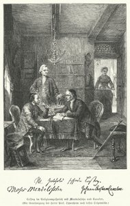 Tysk filosof og dramatiker diskuterer religion med Moses Mendelssohn og Johann Kaspar Lavater (gravering) av German School