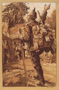 Tysk soldat som bærer post og får en varm velkomst når han kommer tilbake til enheten sin (lito). av German School