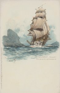 Det tyske treningsskipet Stosch forlater Rio de Janeiro, Brasil (chromolitho) av German School