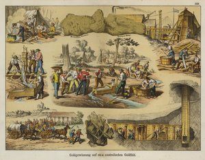 Gullutvinning i gullfeltene i Australia (farge litho) av German School