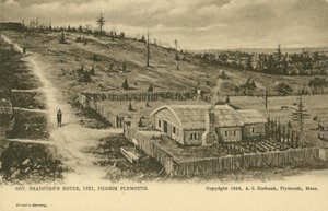 Guvernør William Bradfords hus, Plymouth Colony (litho) av German School