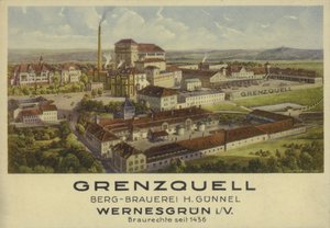Grenzquell Brewery, Wernesgrun, Sachsen, Tyskland (farge litho) av German School