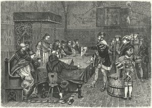 Gustav I Vasa, konge av Sverige, konfronterer Peter Sunnanvader, biskop av Västerås av German School
