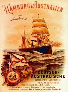 Hamburg - Australia, plakat som reklamerer for det tyske australske dampskipsselskapet, 1889