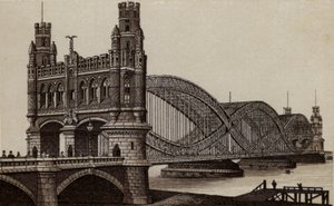 Hamburg: Neue Elbbrücke, Ny bro over Elben (litho) av German School