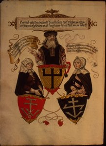 Hans Fugger og hans to koner Clara Widolf og Elisabeth Gfattermann, fra Secret Book of Honor of the Fugger Family av German School