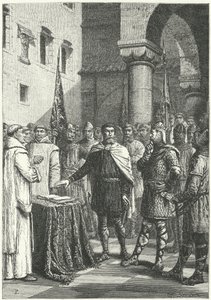 Harold Godwinson sverger en ed som lover å støtte William av Normandies krav på den engelske tronen av German School