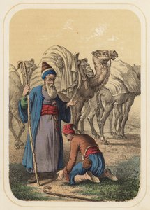 Harun al Rashid og Abdallah i en scene fra Tusen og én natt (farge litho) av German School