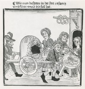 Hawker of Pancakes and Pretzels, under konsilet i Konstanz i 1417, etter et inkunabulum, ca. 1485 (penn og blekk på papir) av German School
