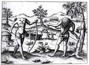 Hodeløse menn og kvinner, illustrasjon fra Sir Walter Raleighs beretning om Guyana, publisert i Nürnberg, 1599 av German School