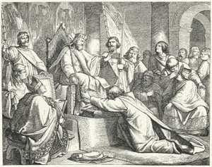 Henry the Lion, hertugen av Sachsen, underkaster seg Frederick Barbarossa i Erfurt av German School
