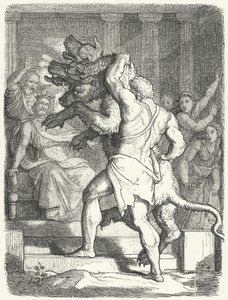 Herakles bringer Cerberus til kong Eurystheus (gravering) av German School
