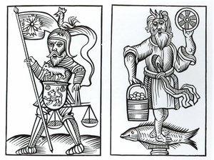 Hermensul eller Irmensul (til venstre) og Crodon (til høyre) avguder fra de gamle sakserne, etter et tresnitt i Annales Circuli Westphaliae av Herman Stangefol, utgitt 1656 av German School