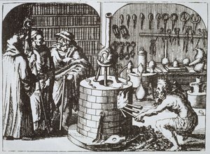 Hermetiske filosofer og en alkymist, fra Museum Hermeticum av Michael Majer (1625) illustrert i en magisk historie publisert sent på 1800-tallet av German School