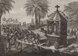 Hindutilbedere trekker en bil av Juggernaut i det gamle India. Illustrasjon for Bilder-Atlas (gravering) av German School