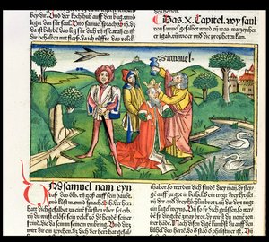 I Samuel 10 Kroningen og salvelsen av Saul, fra Nürnbergbibelen (Biblia Sacra Germanica) (farget tresnitt)